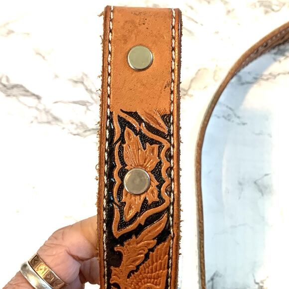 Vintage Hand Tooled Leather Eagle Belt Southwestern Brown Black Unisex No Buckle - Picture 4 of 10